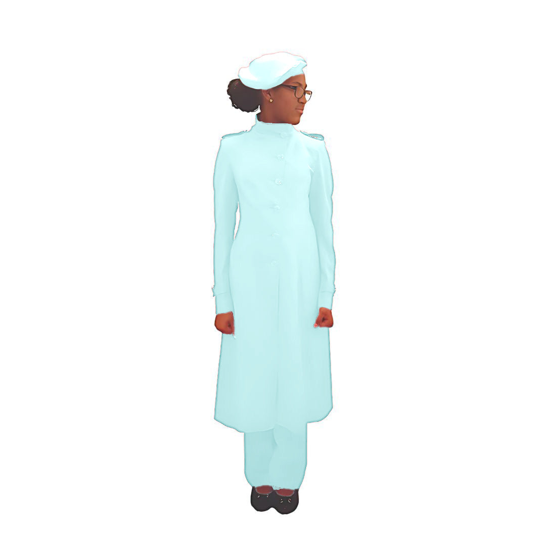 Full-body front view of the Laila three-piece calm waters garment worn by Kameelah, designed for Muslim sisters in the Nation of Islam who value women's modest clothing.