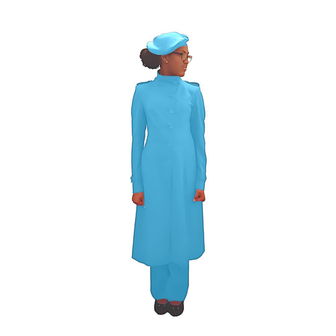 Full-body front view of the Laila three-piece cerulean wave garment worn by Kameelah, designed for Muslim sisters in the Nation of Islam who value women's modest clothing.