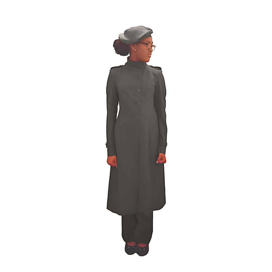 Full-body front view of the Laila three-piece charcoal grove garment worn by Kameelah, designed for Muslim sisters in the Nation of Islam who value women's modest clothing.