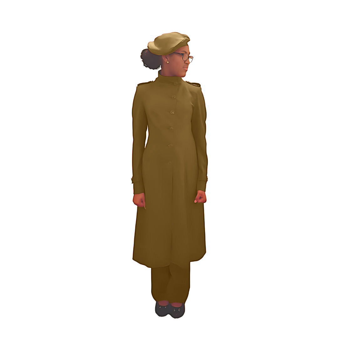 Full-body front view of the Laila three-piece cocoa dream garment worn by Kameelah, designed for Muslim sisters in the Nation of Islam who value women's modest clothing.