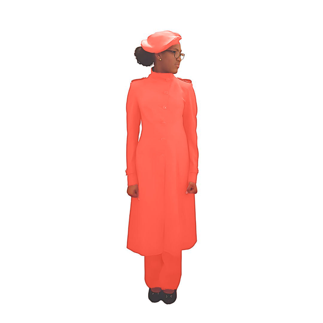 Full-body front view of the Laila three-piece coral blaze garment worn by Kameelah, designed for Muslim sisters in the Nation of Islam who value women's modest clothing.