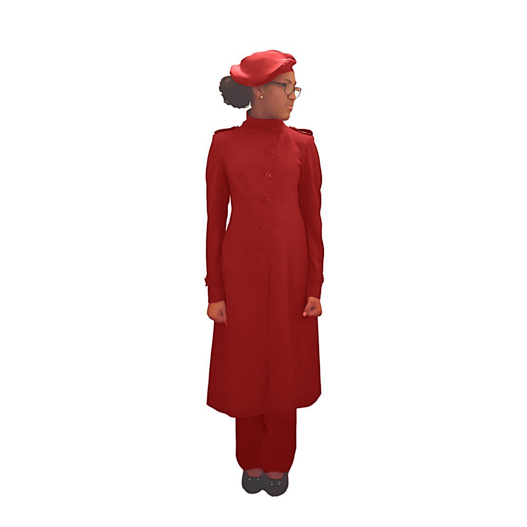 Full-body front view of the Laila three-piece crimson embrace garment worn by Kameelah, designed for Muslim sisters in the Nation of Islam who value women's modest clothing.