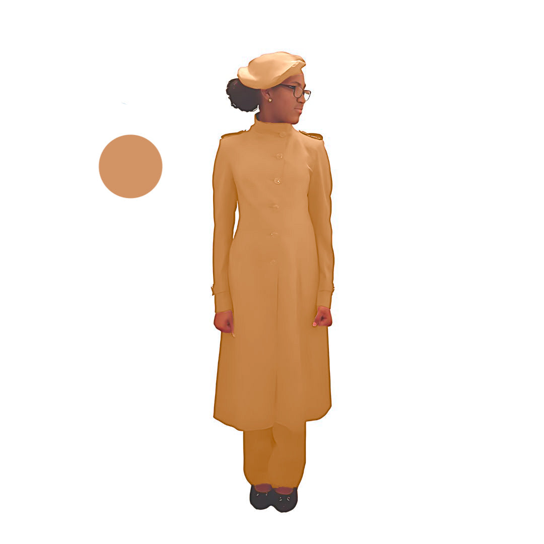 Full-body front view of the Laila three-piece desert peach garment worn by Kameelah, designed for Muslim sisters in the Nation of Islam who value women's modest clothing.