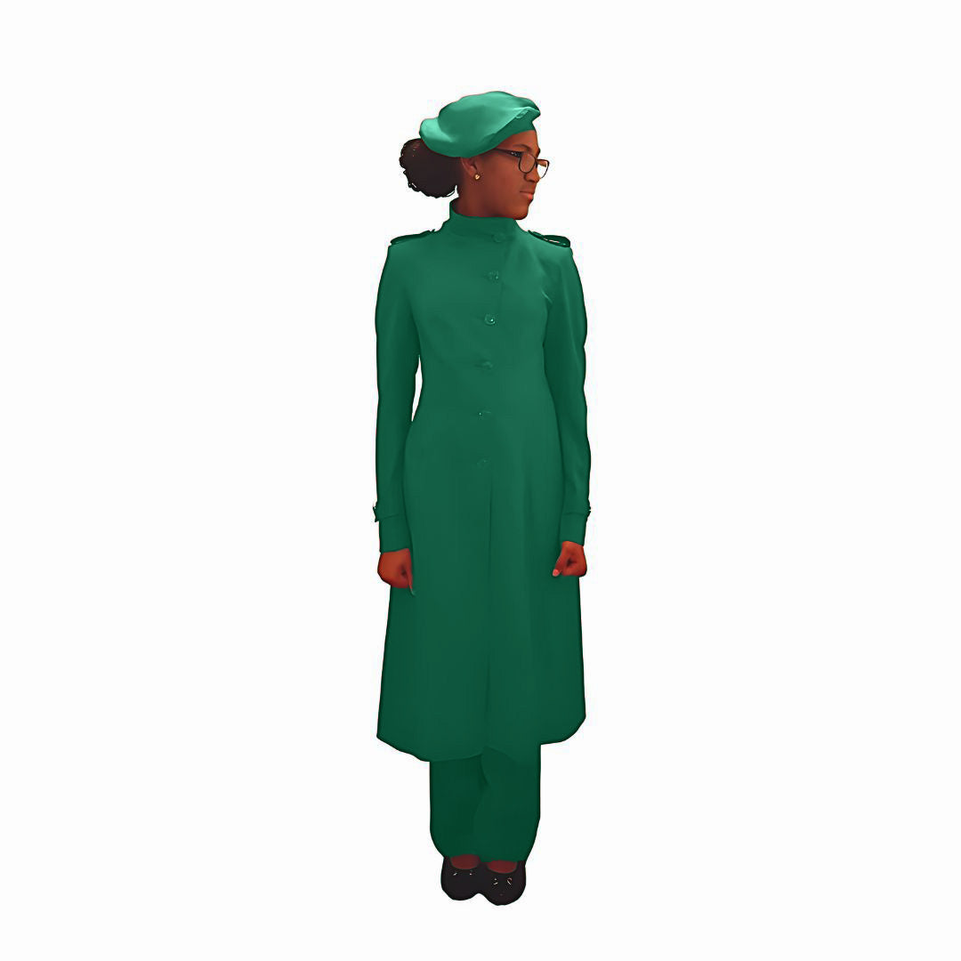 Full-body front view of the Laila three-piece emerald green garment worn by Kameelah, designed for Muslim sisters in the Nation of Islam who value women's modest clothing.