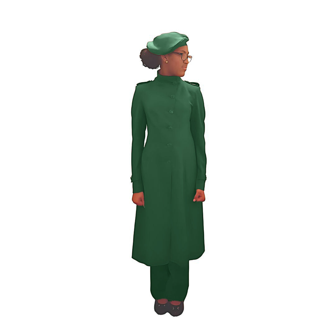 Full-body front view of the Laila three-piece evergreen essence garment worn by Kameelah, designed for Muslim sisters in the Nation of Islam who value women's modest clothing.