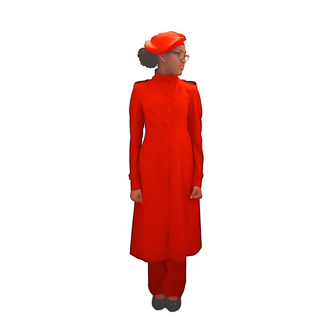 Full-body front view of the Laila three-piece fiery coral garment worn by Kameelah, designed for Muslim sisters in the Nation of Islam who value women's modest clothing.