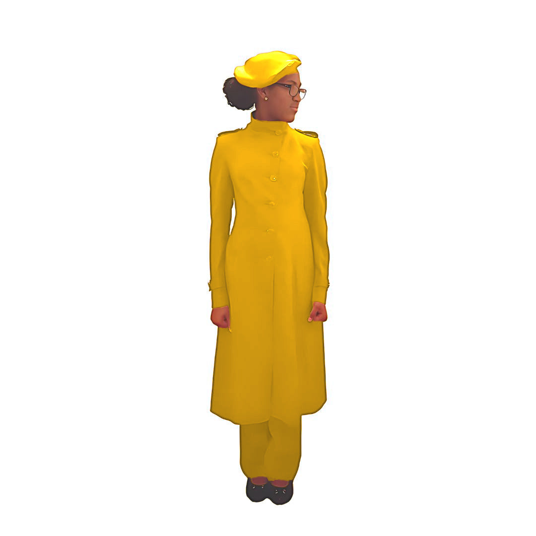 Full-body front view of the Laila three-piece golden glow garment worn by Kameelah, designed for Muslim sisters in the Nation of Islam who value women's modest clothing.