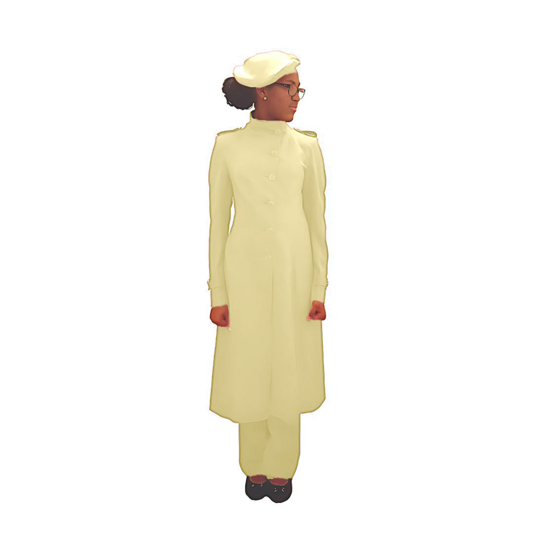 Full-body front view of the Laila three-piece golden sand garment worn by Kameelah, designed for Muslim sisters in the Nation of Islam who value women's modest clothing.