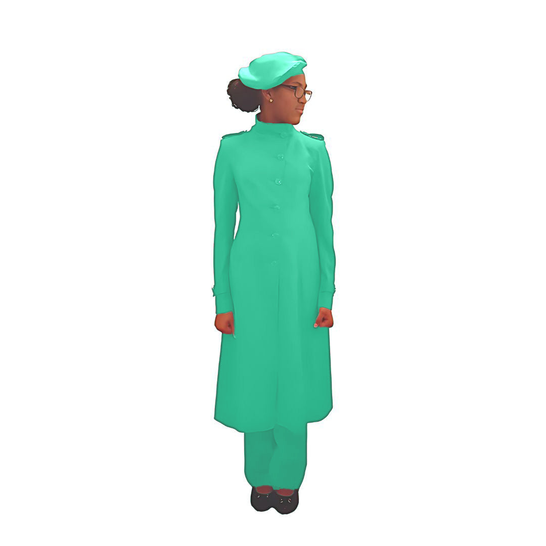 Full-body front view of the Laila three-piece jade glow garment worn by Kameelah, designed for Muslim sisters in the Nation of Islam who value women's modest clothing.