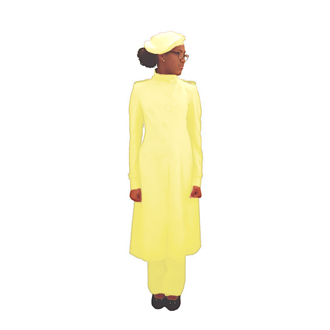 Full-body front view of the Laila three-piece lemon zest garment worn by Kameelah, designed for Muslim sisters in the Nation of Islam who value women's modest clothing.