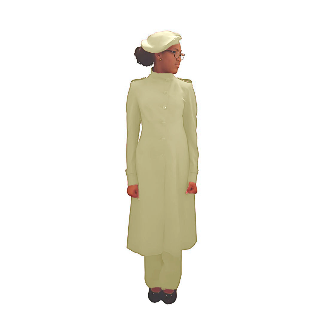 Full-body front view of the Laila three-piece mushroom garment worn by Kameelah, designed for Muslim sisters in the Nation of Islam who value women's modest clothing.