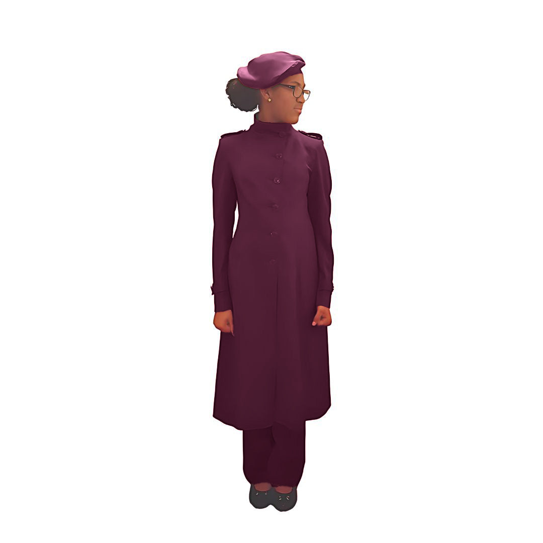 Full-body front view of the Laila three-piece mystic berry garment worn by Kameelah, designed for Muslim sisters in the Nation of Islam who value women's modest clothing.