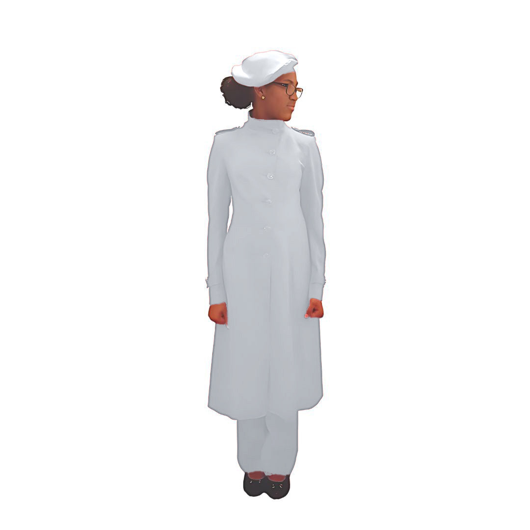 Full-body front view of the Laila three-piece northern droplet garment worn by Kameelah, designed for Muslim sisters in the Nation of Islam who value women's modest clothing.