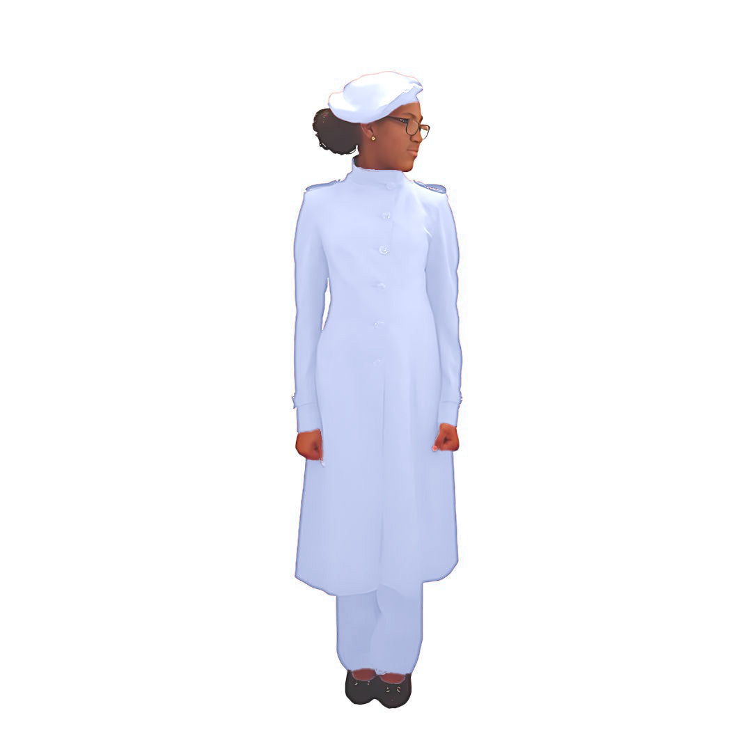 Full-body front view of the Laila three-piece pale periwinkle garment worn by Kameelah, designed for Muslim sisters in the Nation of Islam who value women's modest clothing.