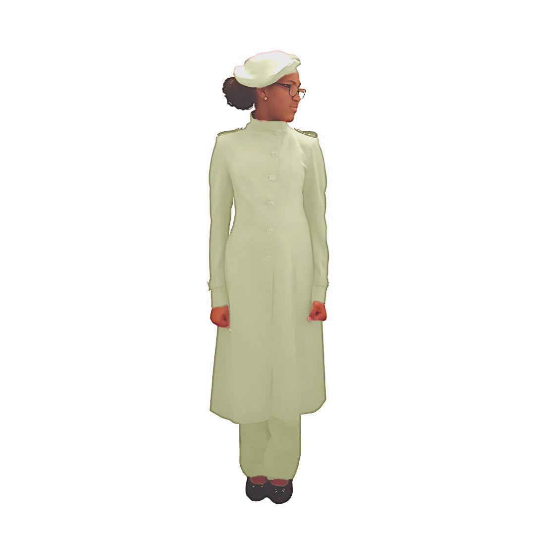 Full-body front view of the Laila three-piece pearl whisper garment worn by Kameelah, designed for Muslim sisters in the Nation of Islam who value women's modest clothing.