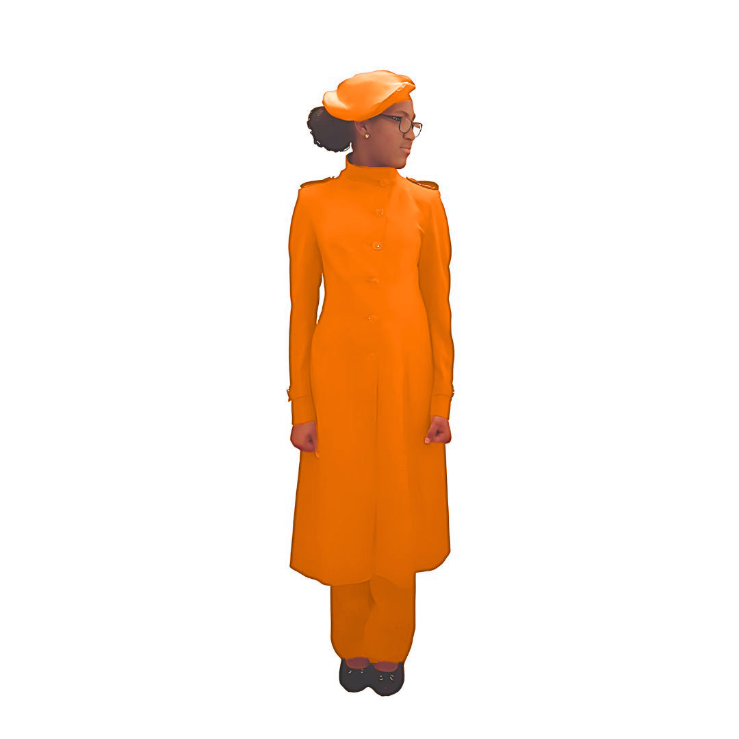 Full-body front view of the Laila three-piece pumpkin spice garment worn by Kameelah, designed for Muslim sisters in the Nation of Islam who value women's modest clothing.