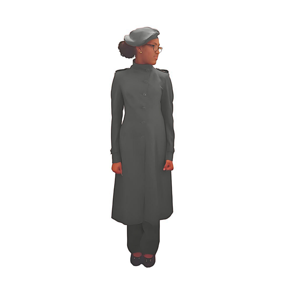 Full-body front view of the Laila three-piece quiet shade garment worn by Kameelah, designed for Muslim sisters in the Nation of Islam who value women's modest clothing.