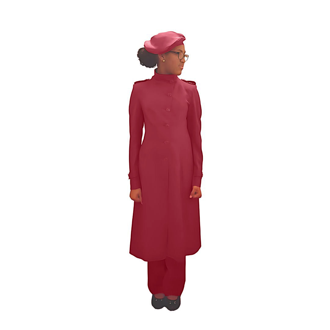 Full-body front view of the Laila three-piece radiant ruby garment worn by Kameelah, designed for Muslim sisters in the Nation of Islam who value women's modest clothing.