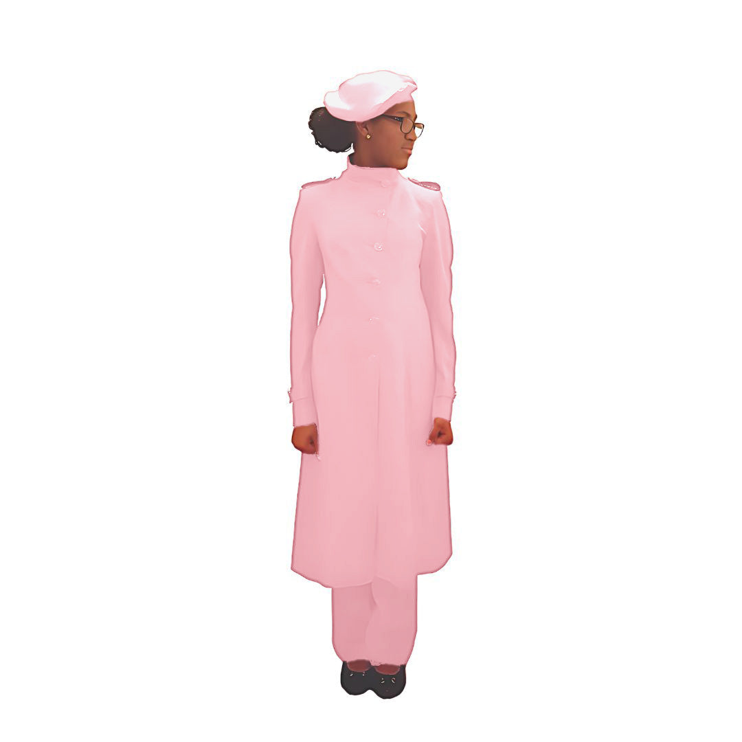 Full-body front view of the Laila three-piece rosewater glow garment worn by Kameelah, designed for Muslim sisters in the Nation of Islam who value women's modest clothing.