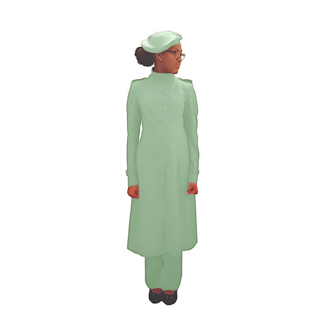 Full-body front view of the Laila three-piece sage serenity garment worn by Kameelah, designed for Muslim sisters in the Nation of Islam who value women's modest clothing.