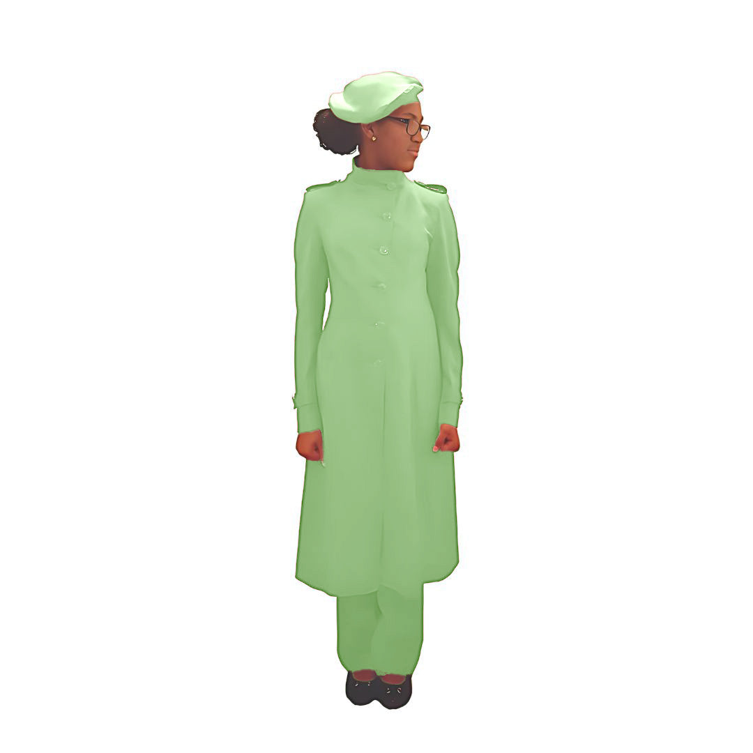 Full-body front view of the Laila three-piece sage whisper garment worn by Kameelah, designed for Muslim sisters in the Nation of Islam who value women's modest clothing.