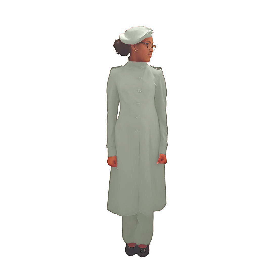 Full-body front view of the Laila three-piece soft stone garment worn by Kameelah, designed for Muslim sisters in the Nation of Islam who value women's modest clothing.