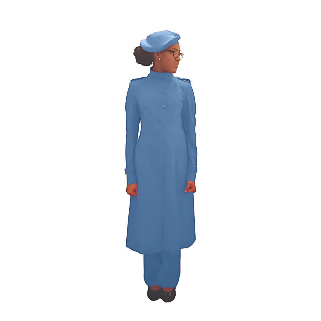 Full-body front view of the Laila three-piece steel blue garment worn by Kameelah, designed for Muslim sisters in the Nation of Islam who value women's modest clothing.