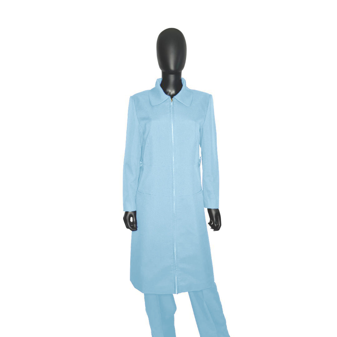 Whole body front view of the Maalikah three-piece baby blue garment on a mannequin, designed for Muslim sisters in the Nation of Islam who value women's modest clothing.