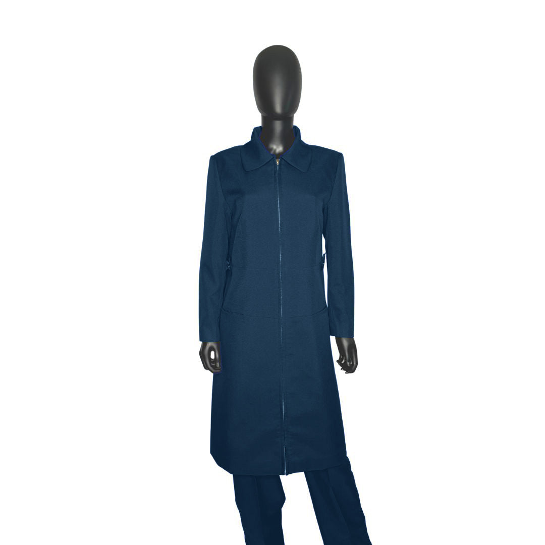 Whole body front view of the Maalikah three-piece blue onyx garment on a mannequin, designed for Muslim sisters in the Nation of Islam who value women's modest clothing.