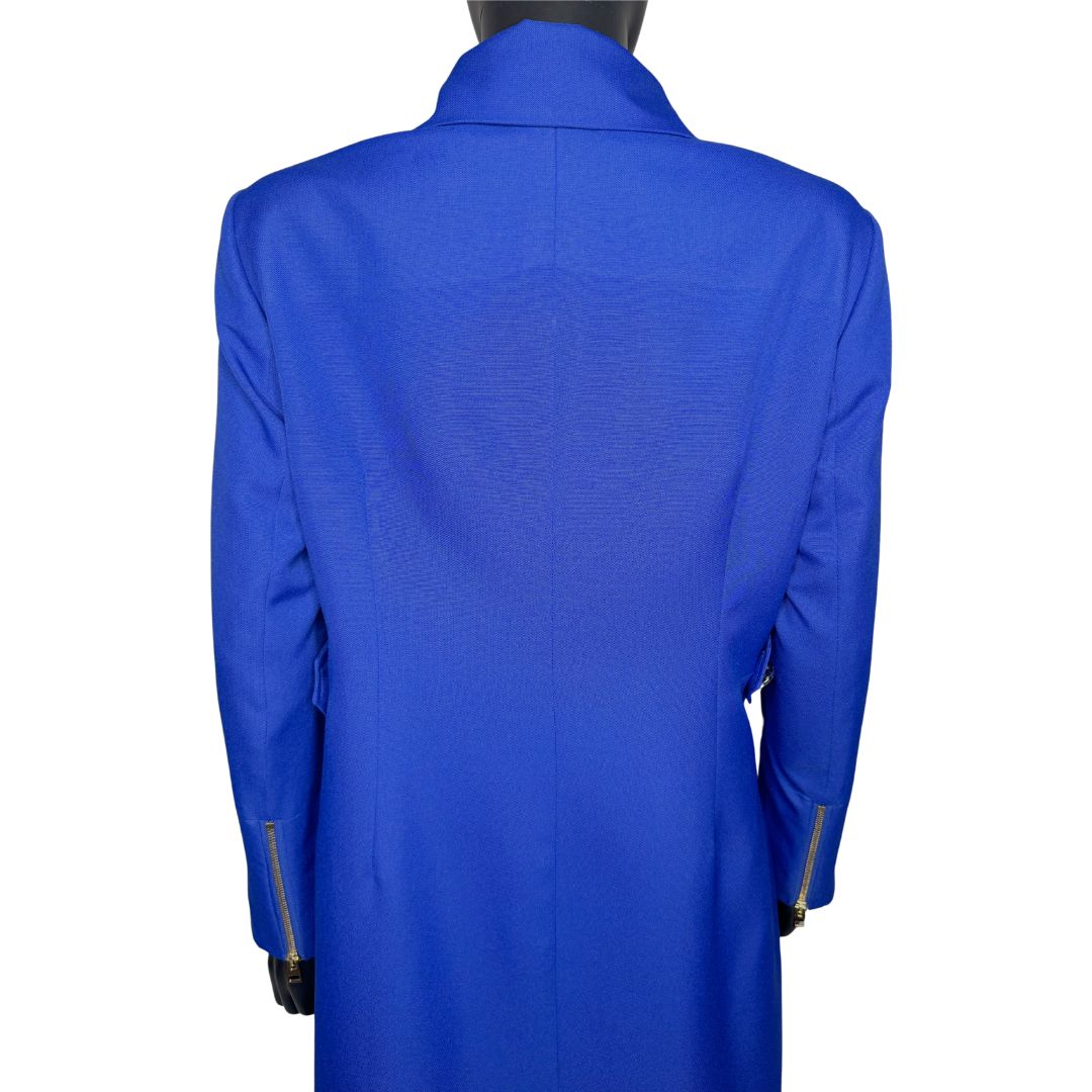 Upper body back view of the Maalikah three-piece blue garment on a mannequin, designed for Muslim sisters in the Nation of Islam who value women's modest clothing.