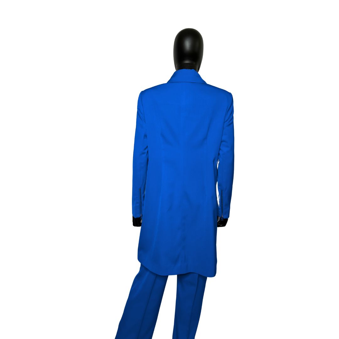 Whole body back view of the Maalikah three-piece blue garment on a mannequin, designed for Muslim sisters in the Nation of Islam who value women's modest clothing.