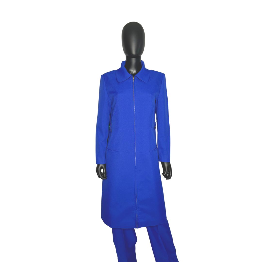 Whole body front view of the Maalikah three-piece blue garment on a mannequin, designed for Muslim sisters in the Nation of Islam who value women's modest clothing.