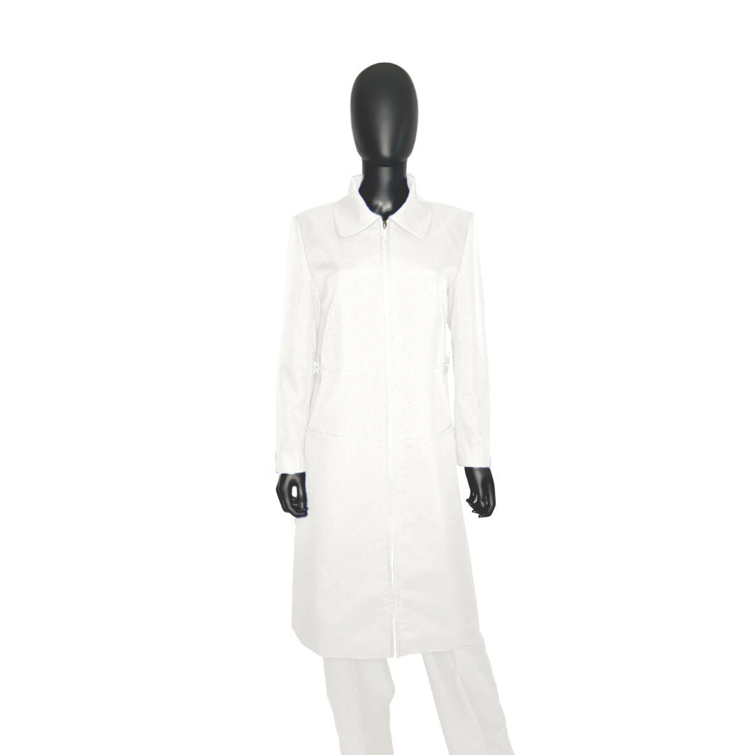 Whole body front view of the Maalikah three-piece brilliant white garment on a mannequin, designed for Muslim sisters in the Nation of Islam who value women's modest clothing.