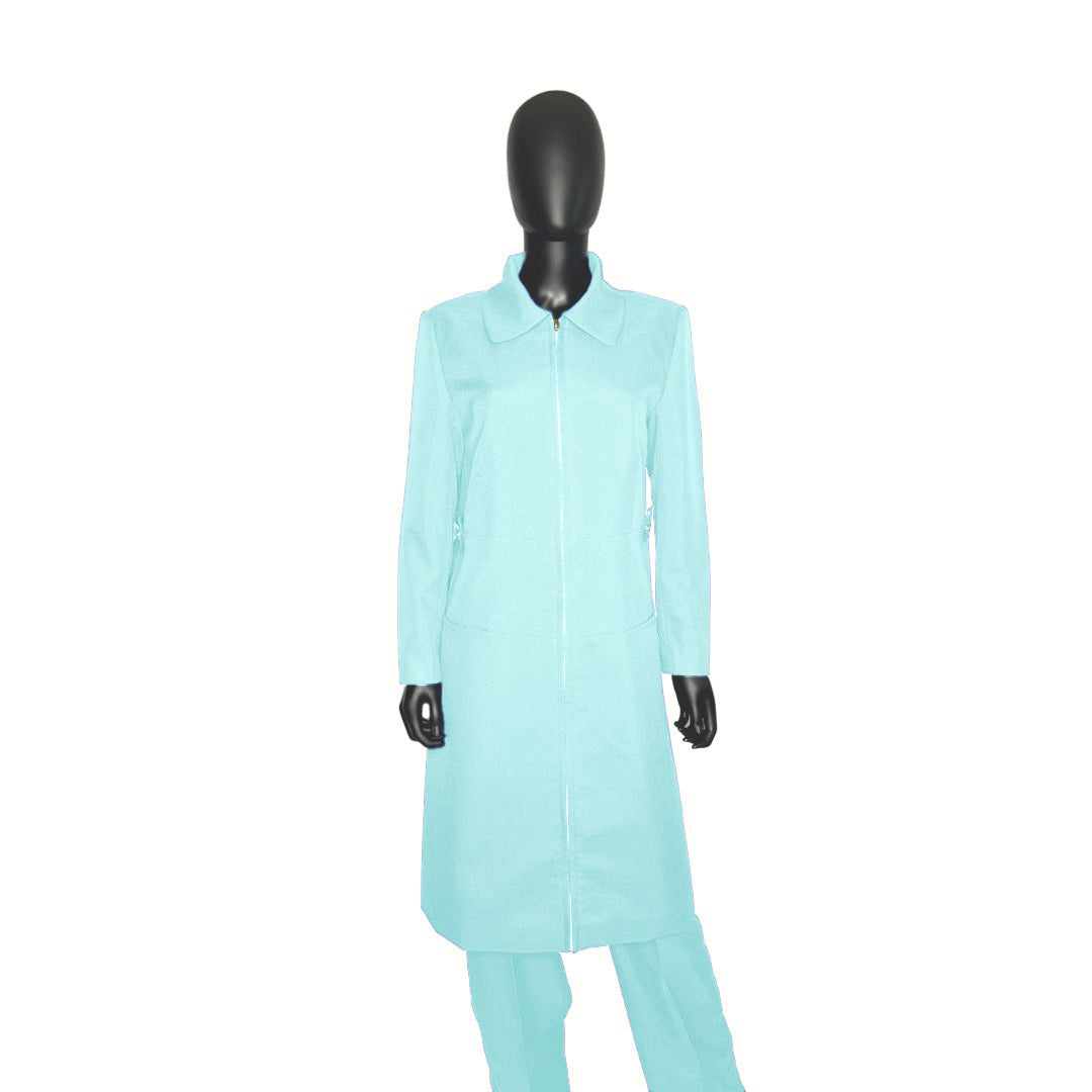 Whole body front view of the Maalikah three-piece calm waters garment on a mannequin, designed for Muslim sisters in the Nation of Islam who value women's modest clothing.