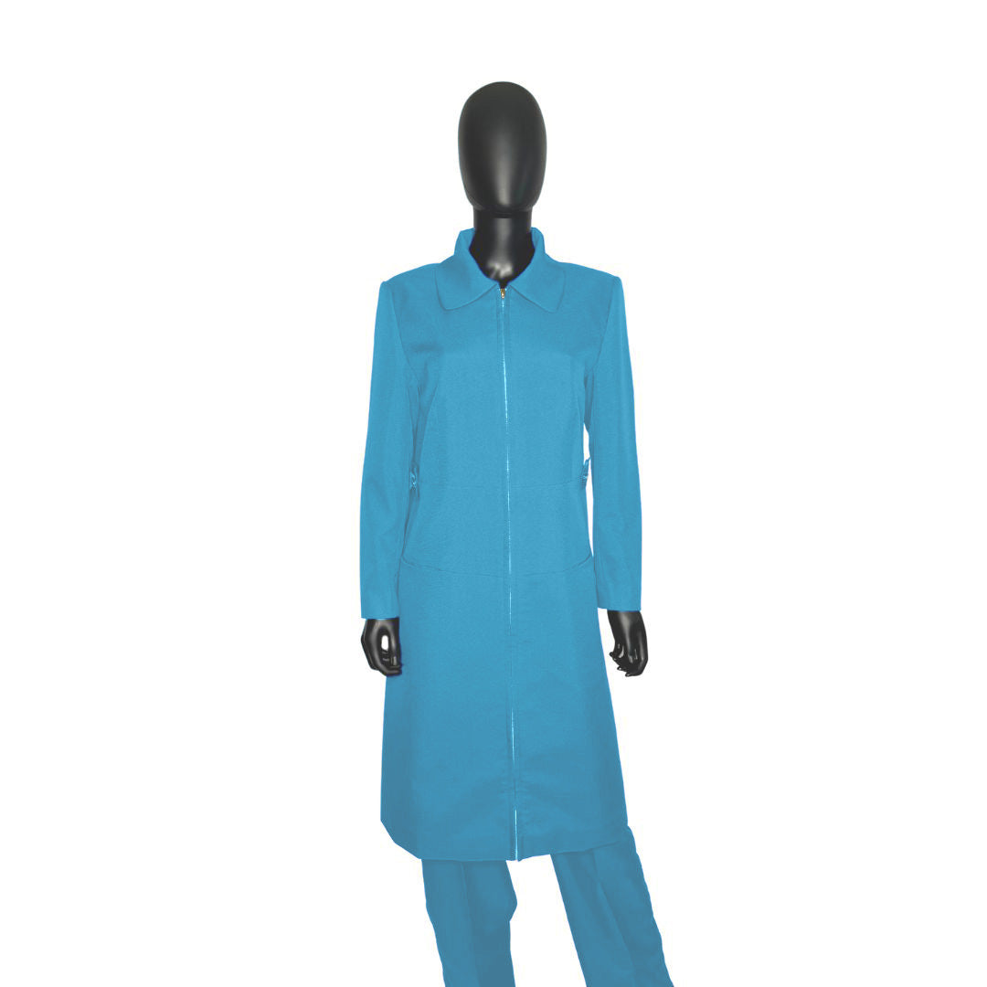 Whole body front view of the Maalikah three-piece cerulean wave garment on a mannequin, designed for Muslim sisters in the Nation of Islam who value women's modest clothing.