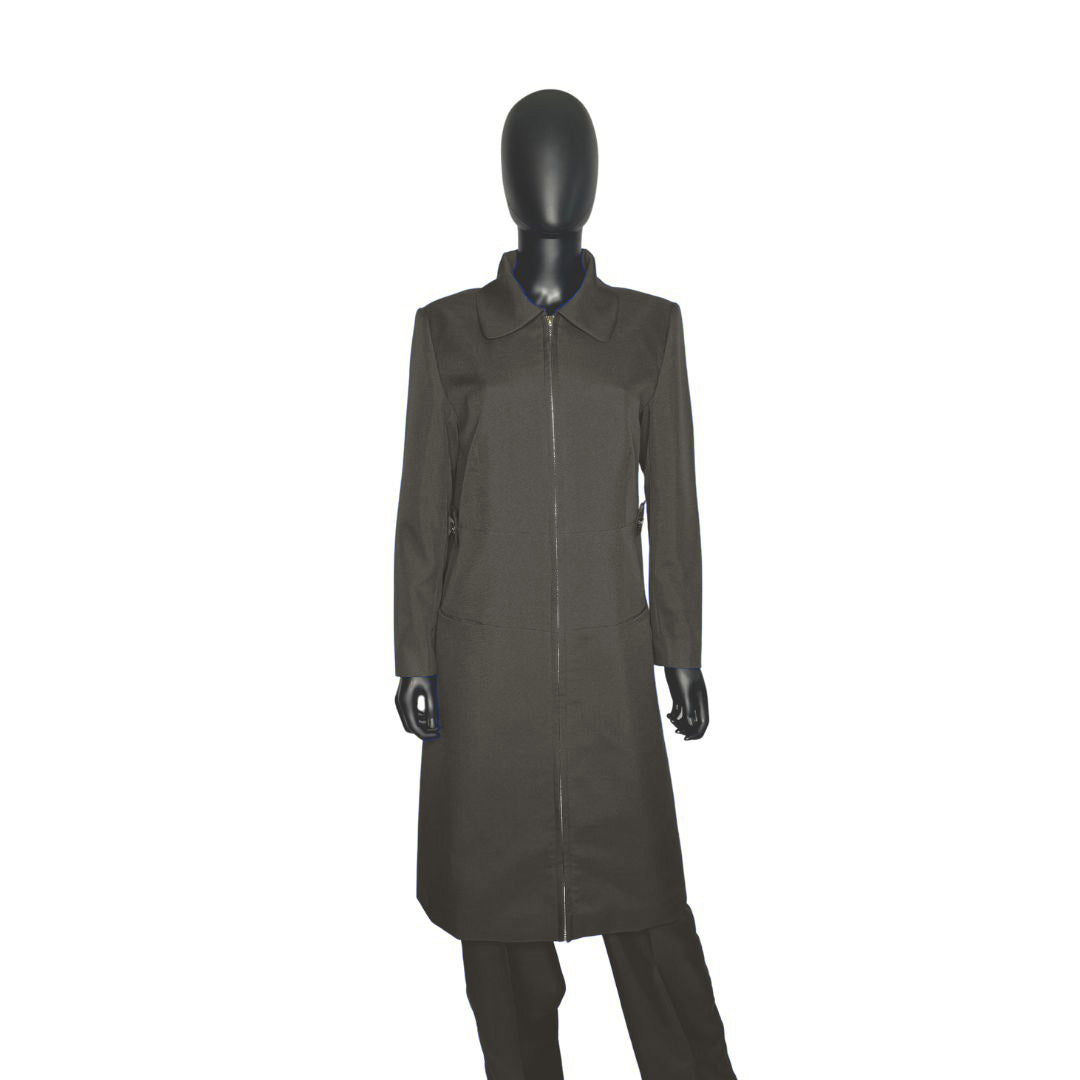 Whole body front view of the Maalikah three-piece charcoal grove garment on a mannequin, designed for Muslim sisters in the Nation of Islam who value women's modest clothing.