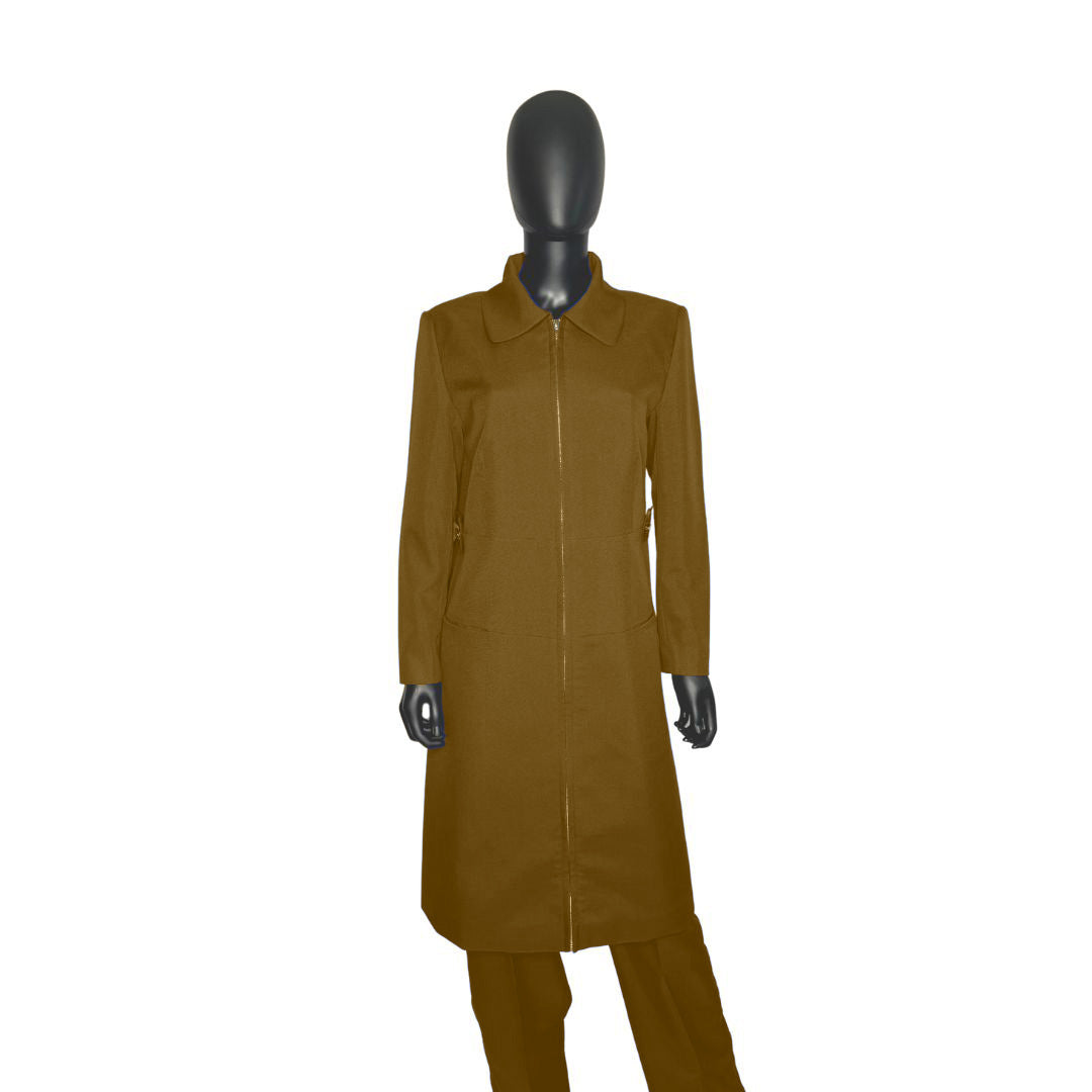 Whole body front view of the Maalikah three-piece cocoa dream garment on a mannequin, designed for Muslim sisters in the Nation of Islam who value women's modest clothing.