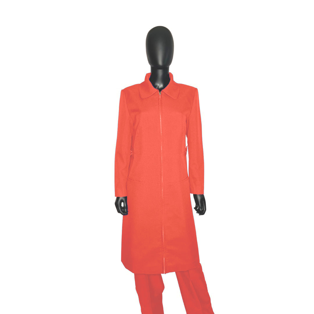 Whole body front view of the Maalikah three-piece coral blaze garment on a mannequin, designed for Muslim sisters in the Nation of Islam who value women's modest clothing.