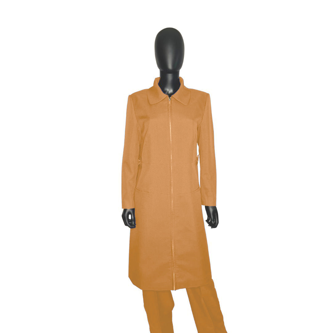 Whole body front view of the Maalikah three-piece desert peach garment on a mannequin, designed for Muslim sisters in the Nation of Islam who value women's modest clothing.