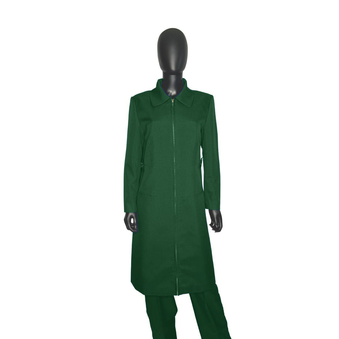 Whole body front view of the Maalikah three-piece evergreen essence garment on a mannequin, designed for Muslim sisters in the Nation of Islam who value women's modest clothing.