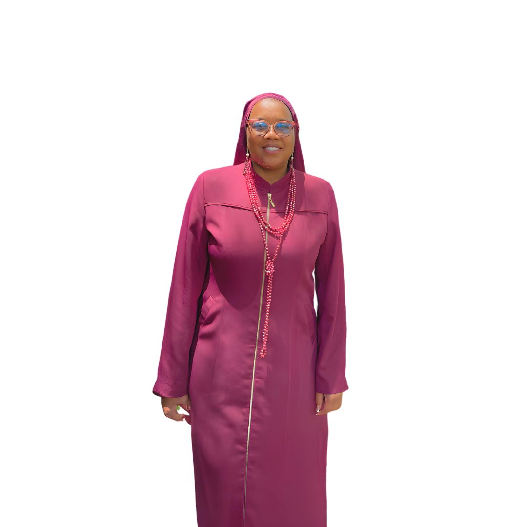 Front view of Maalikah modeling the Najah three-piece maroon garment, designed for Muslim sisters in the Nation of Islam who value women's modest clothing.