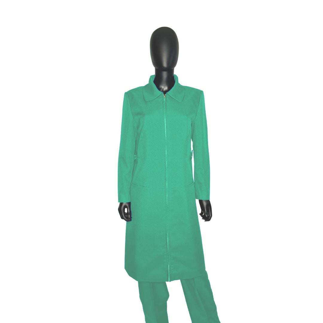 Whole body front view of the Maalikah three-piece jade glow garment on a mannequin, designed for Muslim sisters in the Nation of Islam who value women's modest clothing.