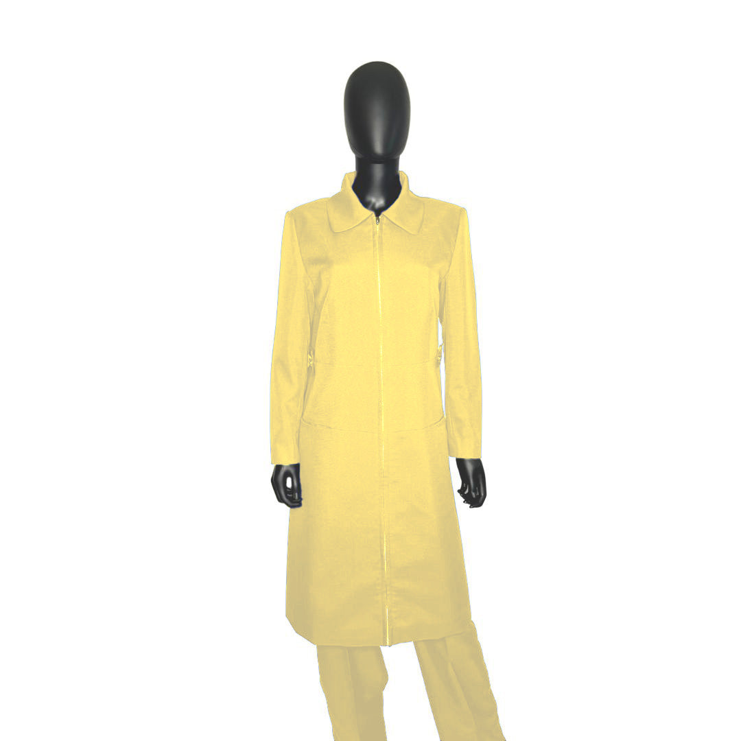 Whole body front view of the Maalikah three-piece lemon zest garment on a mannequin, designed for Muslim sisters in the Nation of Islam who value women's modest clothing.