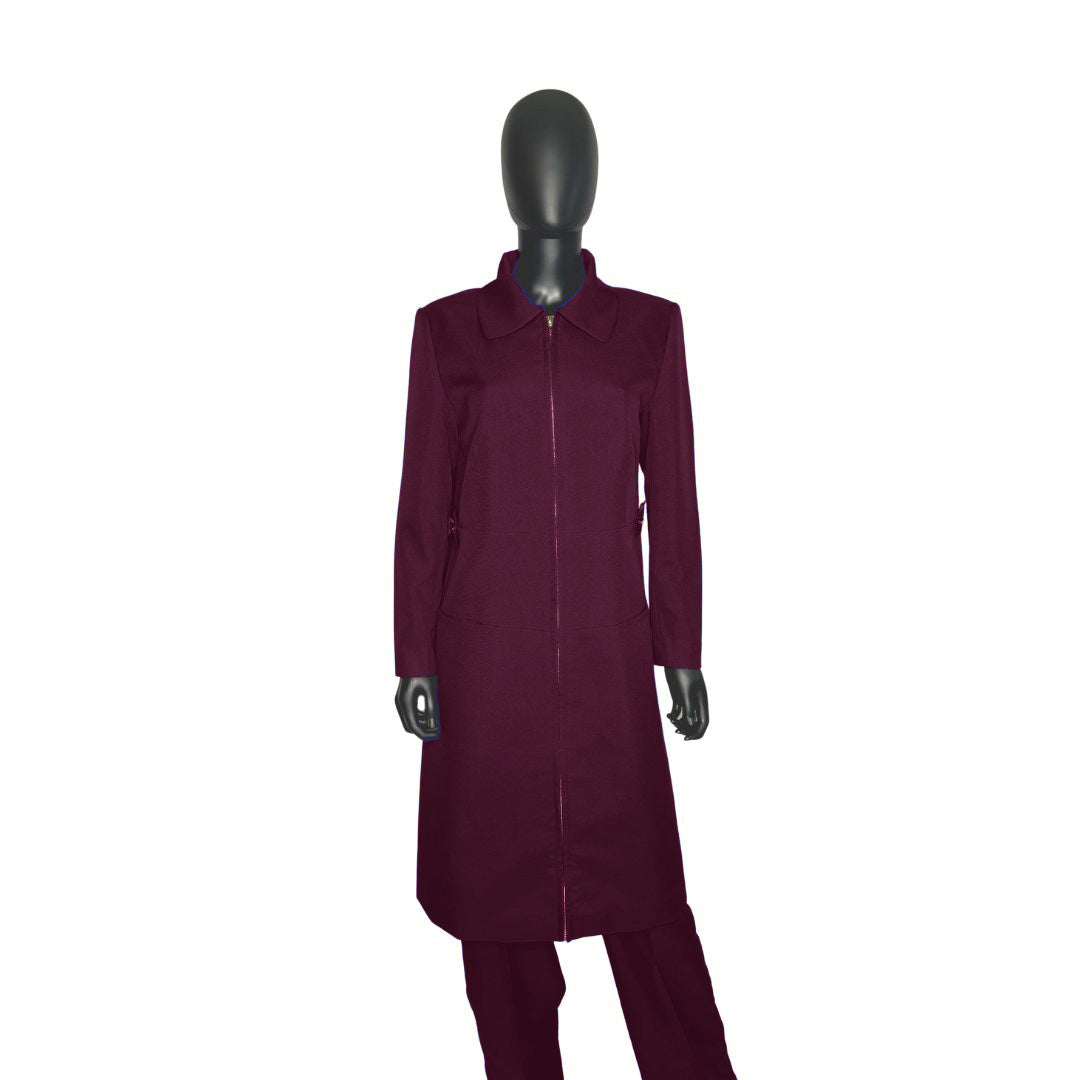 Whole body front view of the Maalikah three-piece mystic berry garment on a mannequin, designed for Muslim sisters in the Nation of Islam who value women's modest clothing.