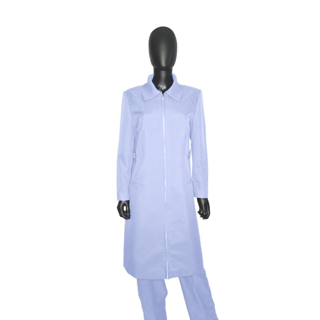 Whole body front view of the Maalikah three-piece pale periwinkle garment on a mannequin, designed for Muslim sisters in the Nation of Islam who value women's modest clothing.