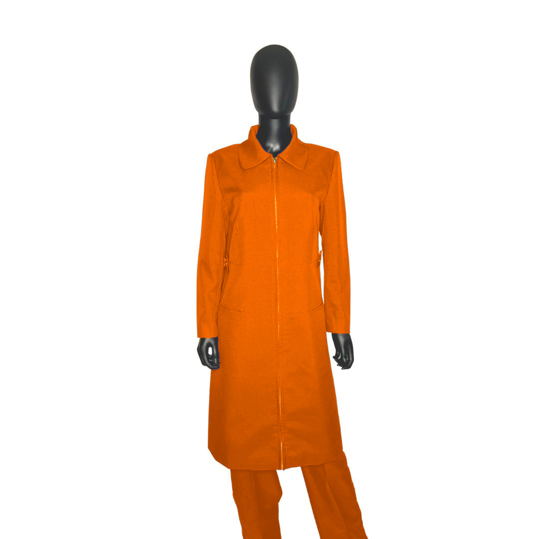 Whole body front view of the Maalikah three-piece pumpkin spice garment on a mannequin, designed for Muslim sisters in the Nation of Islam who value women's modest clothing.