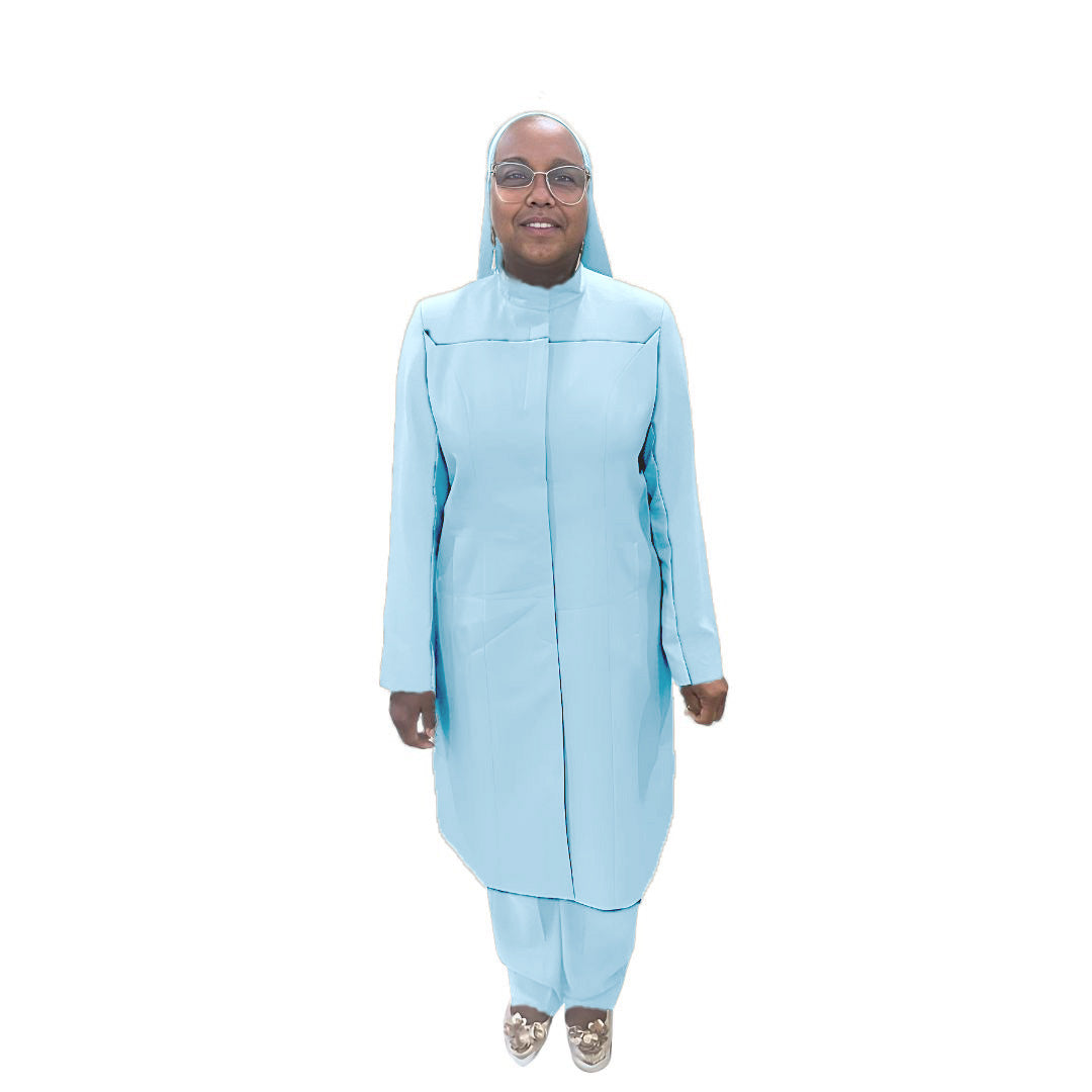 Full-body view of Maalikah modeling the Qiana three-piece baby blue garment, designed for Muslim sisters in the Nation of Islam who value women's modest clothing.