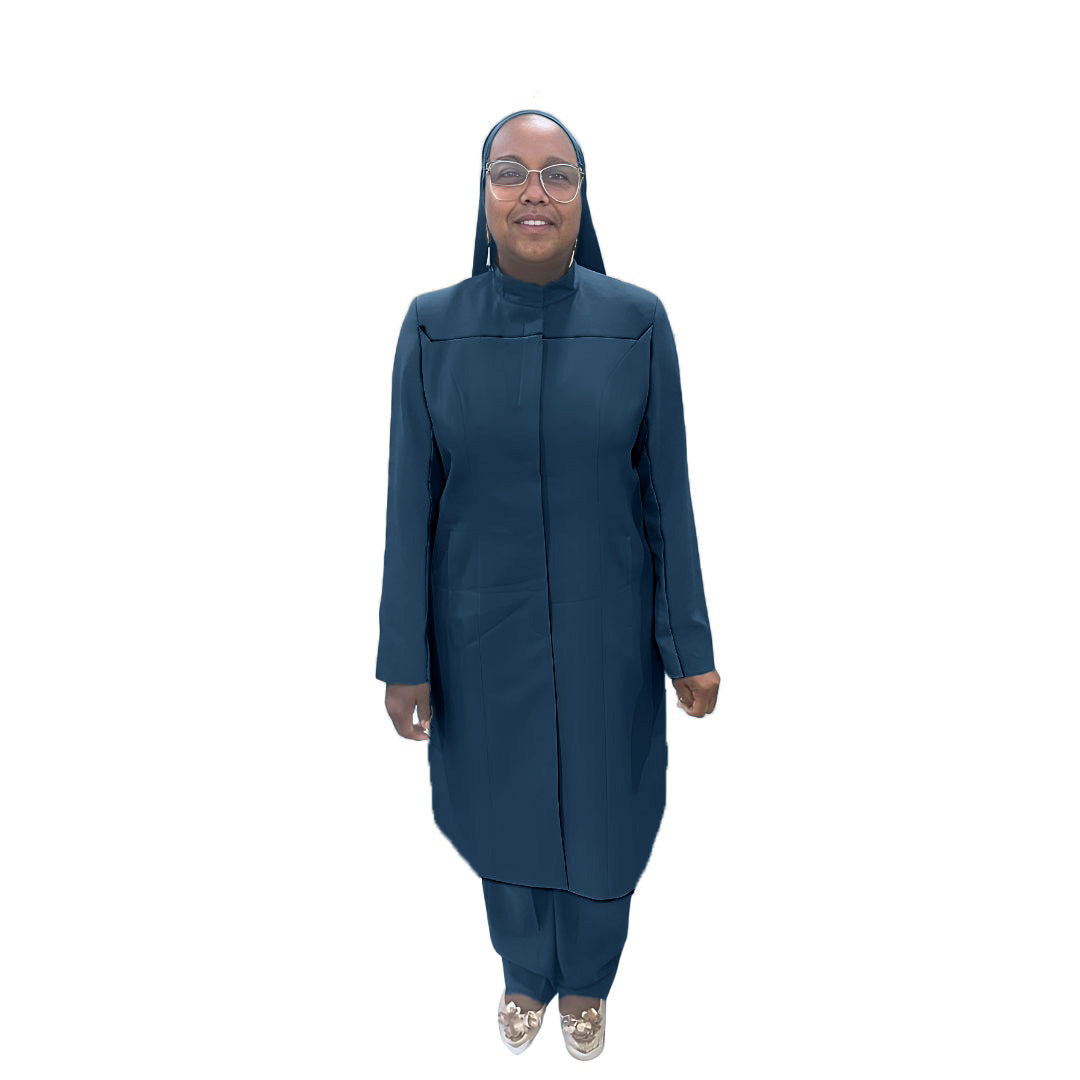 Full-body view of Maalikah modeling the Qiana three-piece blue onyx garment, designed for Muslim sisters in the Nation of Islam who value women's modest clothing.