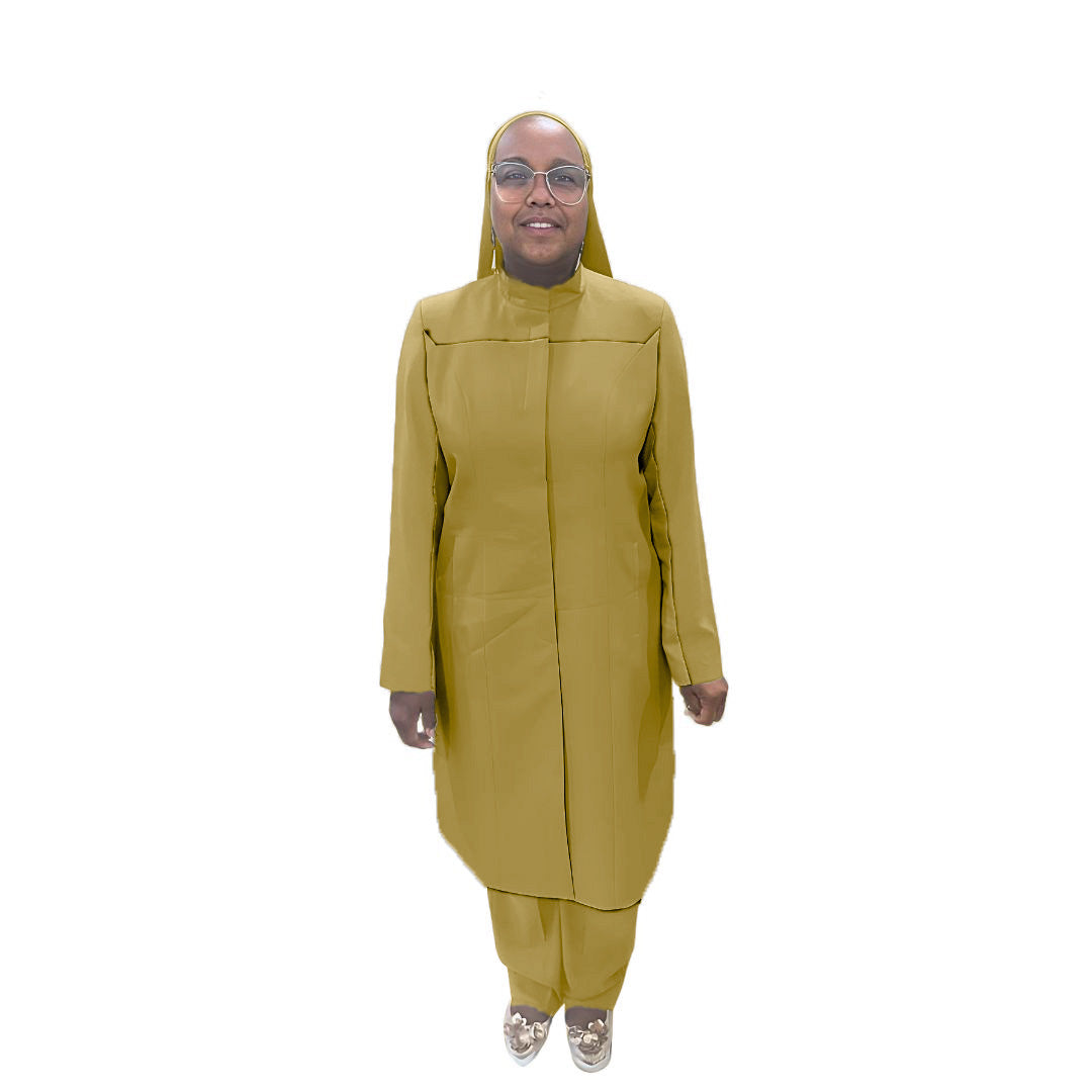 Full-body view of Maalikah modeling the Qiana three-piece brush garment, designed for Muslim sisters in the Nation of Islam who value women's modest clothing.