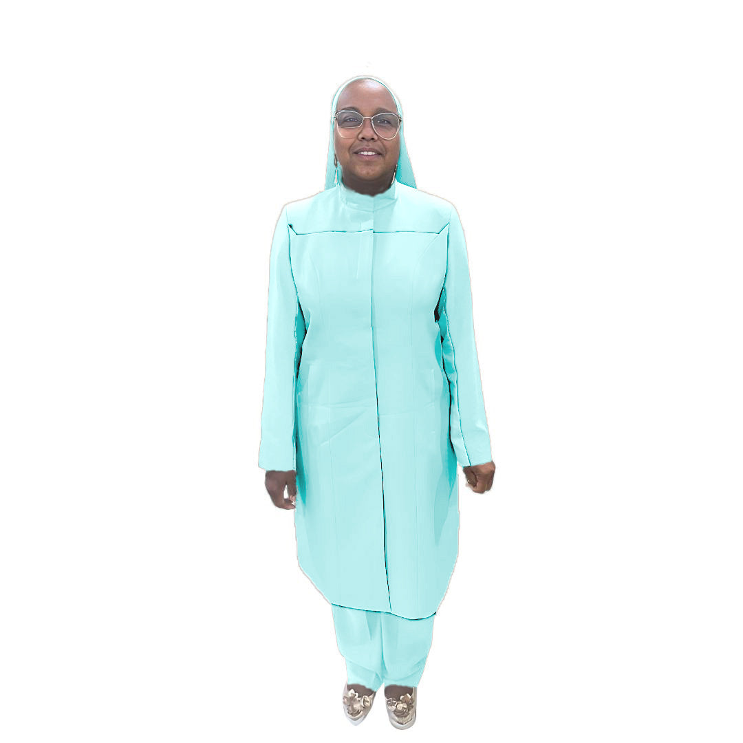 Full-body view of Maalikah modeling the Qiana three-piece calm waters garment, designed for Muslim sisters in the Nation of Islam who value women's modest clothing.